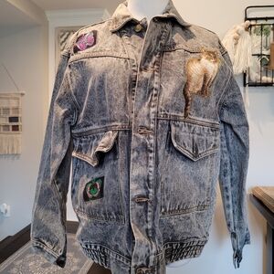 Ruff Stuff Vintage 90's Gray Denim Jean Jacket Patches •Size Kids XL/Women Small